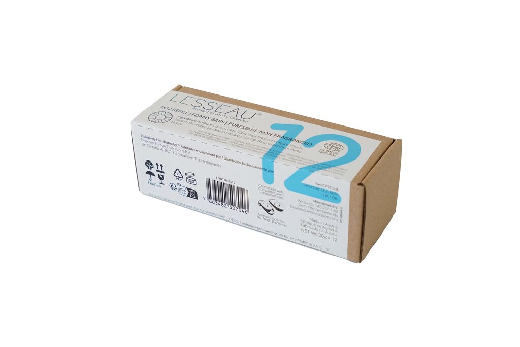LESSEAU® Hand Wash Foamy Bar PureSense Non-fragranced 12Buc. - Bară hidratantă pentru spălarea mâinilor, inovatoare, fără plastic, pe bază de plante, 100% naturală, fără parfum - pentru pielea sensibilă